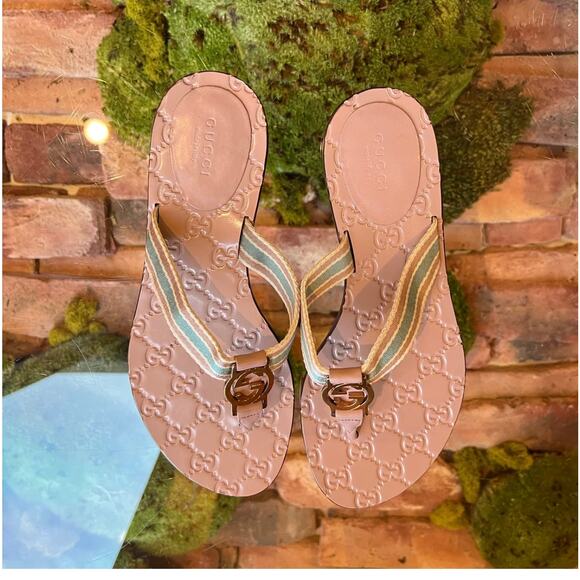 Preowned Pink Embossed Leather Guccissima Sandels - Picture 3 of 8